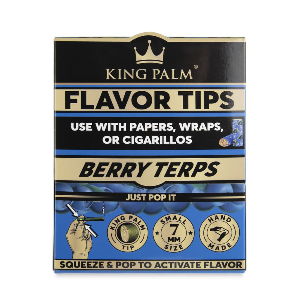 Flavoured Filter Tips Display Box - 2 pack (Carton of 50) featuring King Palm logo and packaging, highlighting a popular smoking accessory with flavor-enhancing filter tips.