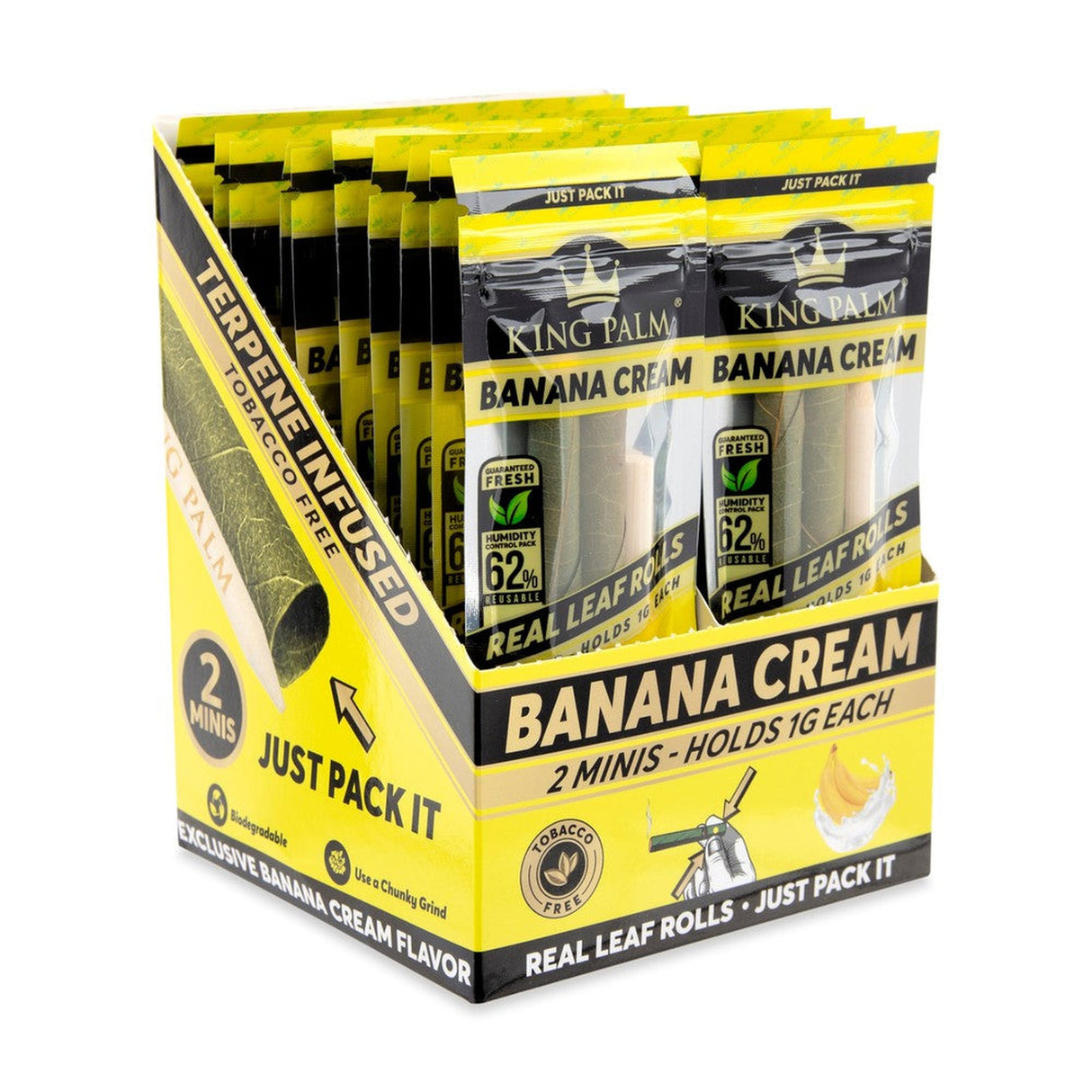 Mini Pre-Rolled Cones - 2 pack - 20 units - Banana Cream Flavoured, displayed in vibrant packaging, promoting a convenient, flavorful smoking experience with terpene-infused flavor capsules.