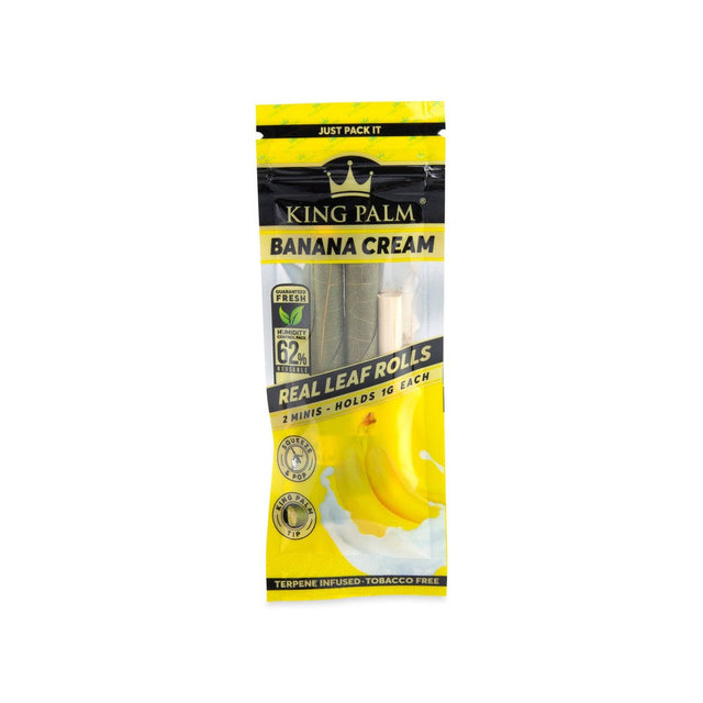 Banana Cream Mini Pre-Rolled Cones, 2-pack, 20 units, featuring terpene-infused flavor capsules for enhanced taste, presented in yellow packaging with a logo.