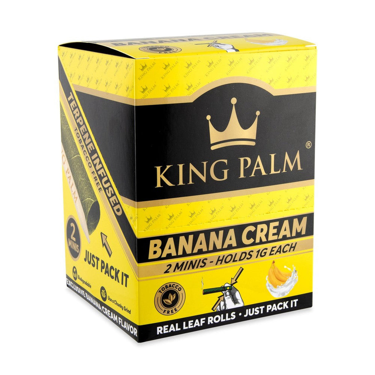 Mini Pre-Rolled Cones - 2 pack - 20 units - Banana Cream Flavoured, featuring terpene-infused filters, in yellow and black packaging with logo.