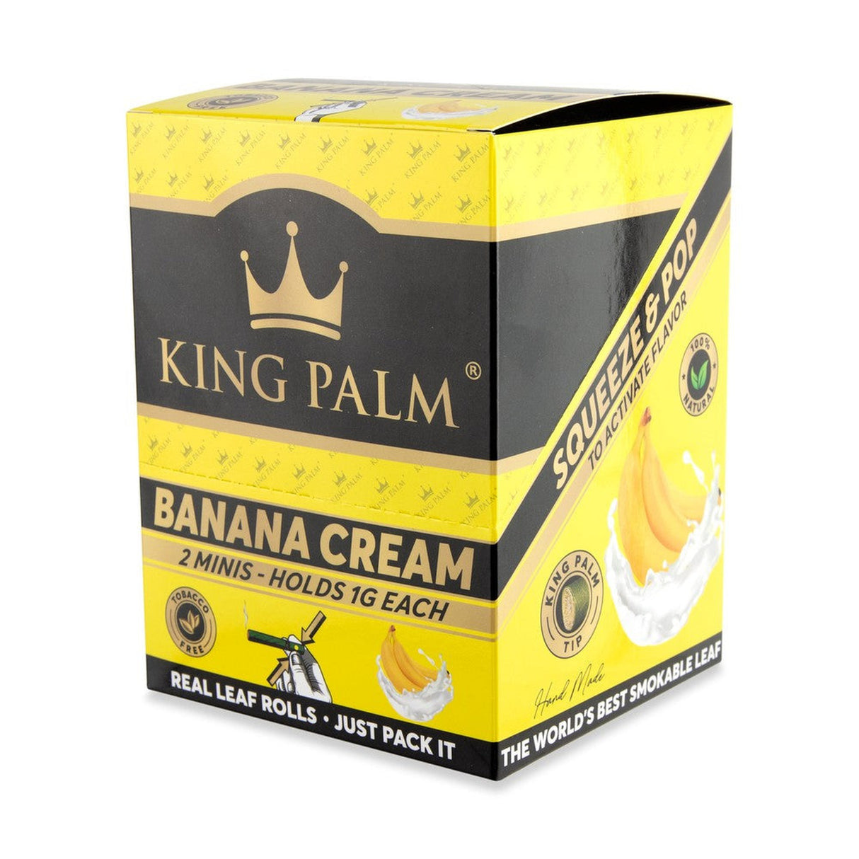 Mini Pre-Rolled Cones - 2 pack - 20 units - Banana Cream Flavoured, featuring a yellow box with a logo and label, showcasing food-related packaging.