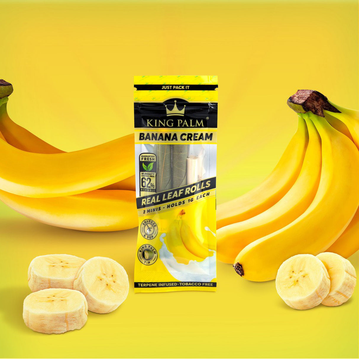 Mini Pre-Rolled Cones - 2 pack - 20 units - Banana Cream Flavoured, featuring banana cream packaging with bananas, emphasizing terpene-infused flavor capsules and convenience.