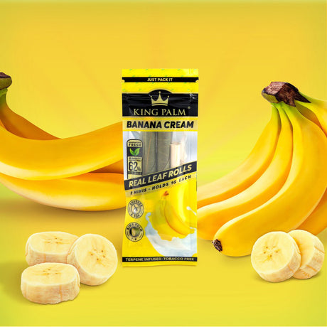Mini Pre-Rolled Cones - 2 pack - 20 units - Banana Cream Flavoured, featuring banana cream packaging with bananas, emphasizing terpene-infused flavor capsules and convenience.