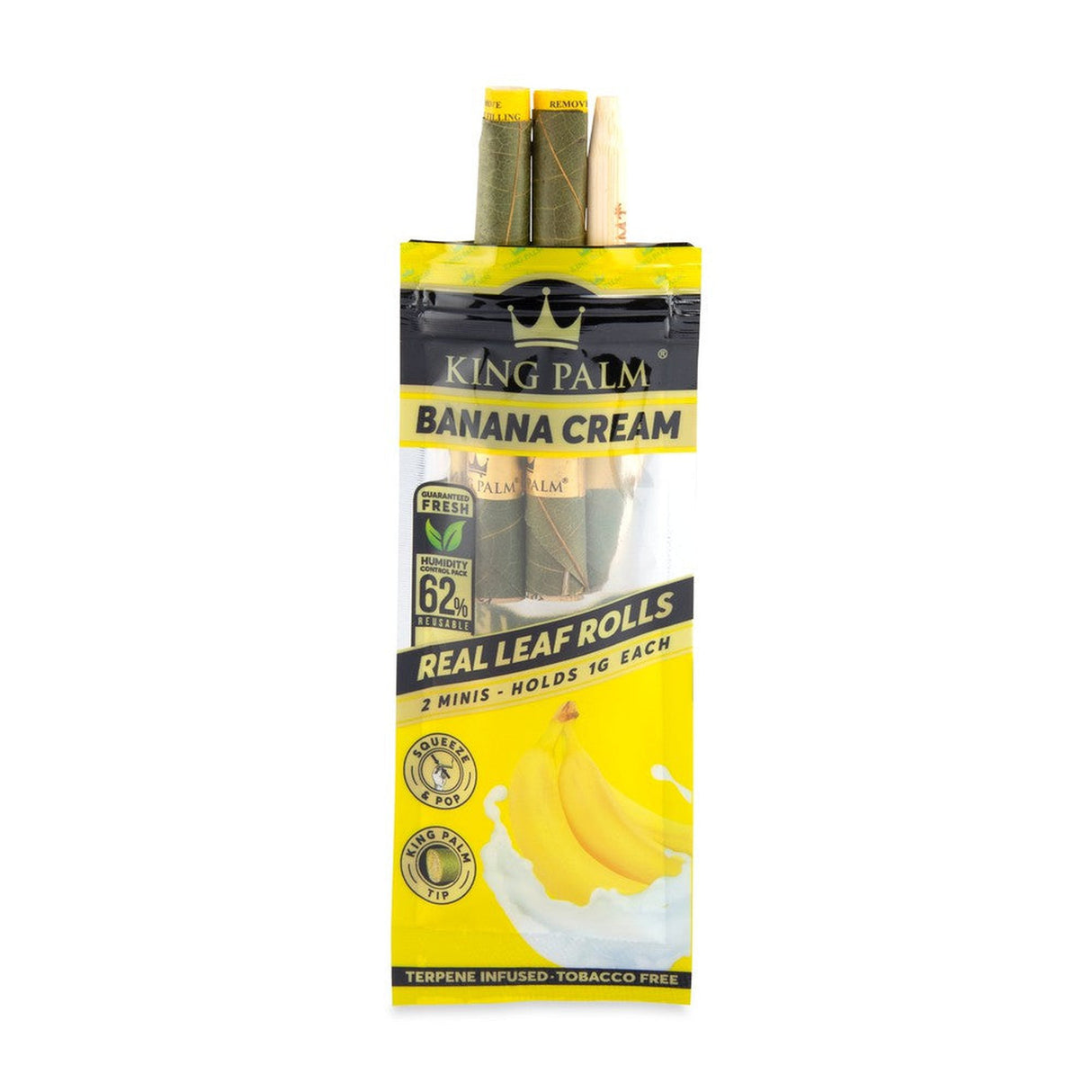 Mini Pre-Rolled Cones - 2 pack - 20 units - Banana Cream Flavoured, packaged with a label showing a banana and milk splash, indicating terpene-infused flavor capsules.