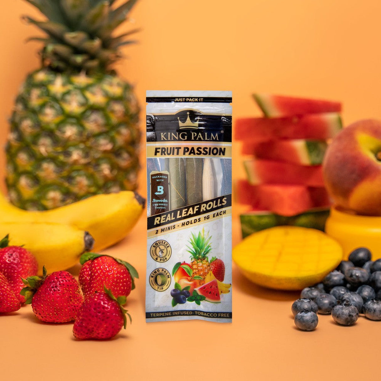 Mini Pre Rolled Cone - 2 pack - 20 units - Passion Fruit Flavoured, featuring fruit imagery, highlighting its terpene flavor capsule technology for enhanced smoking experience.