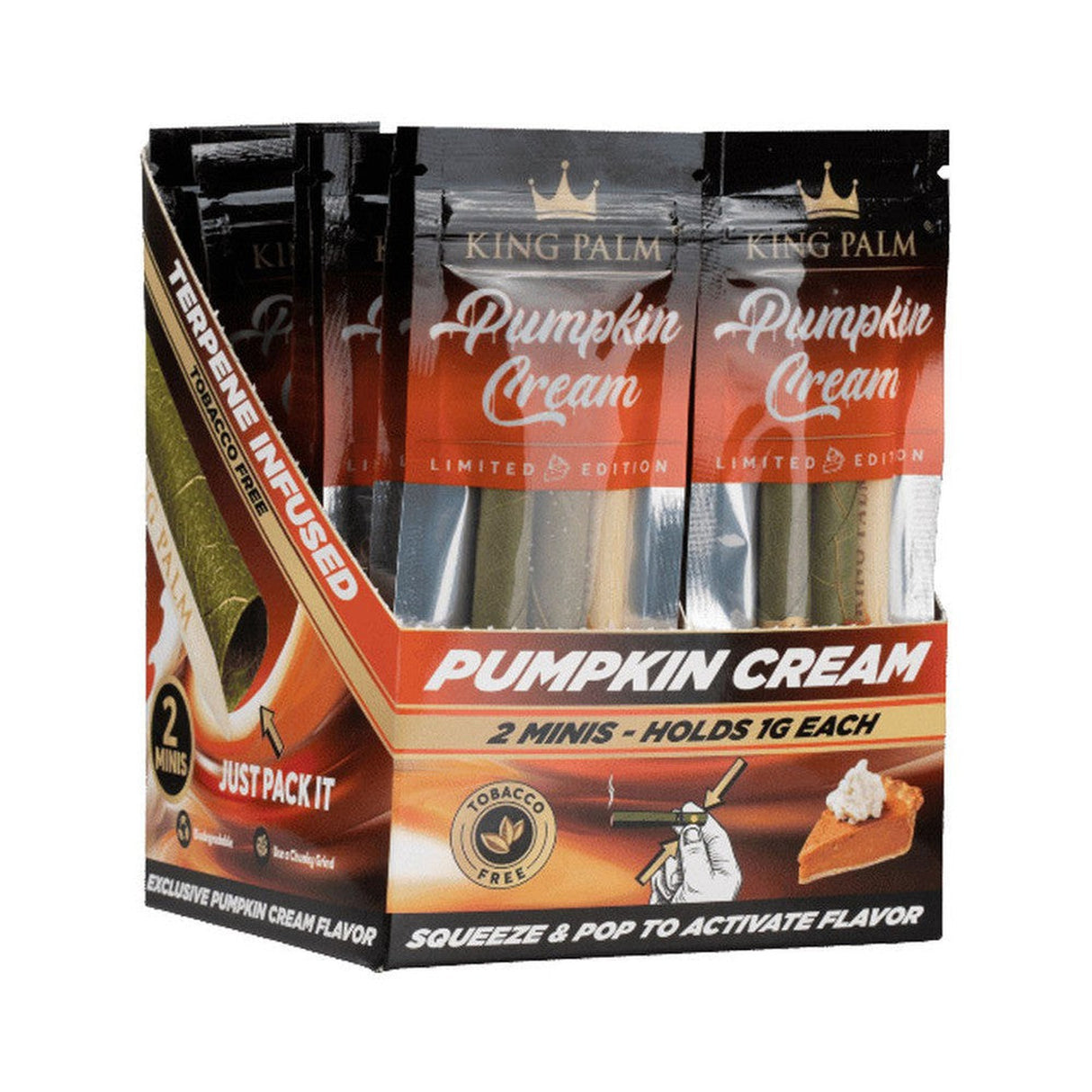 Mini Pre Rolled Cones - 2 pack - 20 units - Pumpkin Cream Flavoured, shown in a decorative box beside a pie slice with whipped cream.