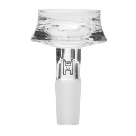 Cauldron Flower Bowl - 10mm: A clear glass attachment with a flared top and frosted male-joint stem, designed for high durability and universal 10mm joint compatibility.