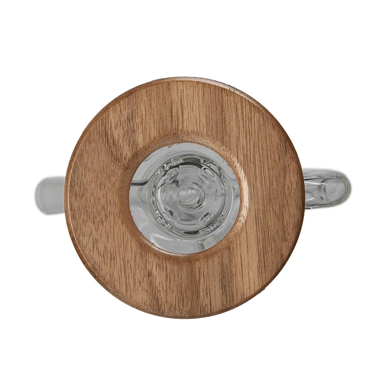 Top view of the Apex Dab Rig - Alpine Collection, showcasing its clear glass body with a round wooden lid and an elegant handle design.