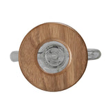 Top view of the Apex Dab Rig - Alpine Collection, showcasing its clear glass body with a round wooden lid and an elegant handle design.