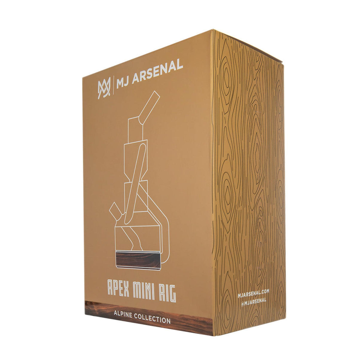 Apex Mini Rig - Alpine Collection in wood-tone packaging with MJ Arsenal logo, line drawing, and product name. Combines glass design with black walnut accents.