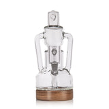 Apex Dab Rig - Alpine Collection: Compact glass recycler with dual side arms, internal percolation chamber, and black walnut accents on a wooden base, enhancing filtration.