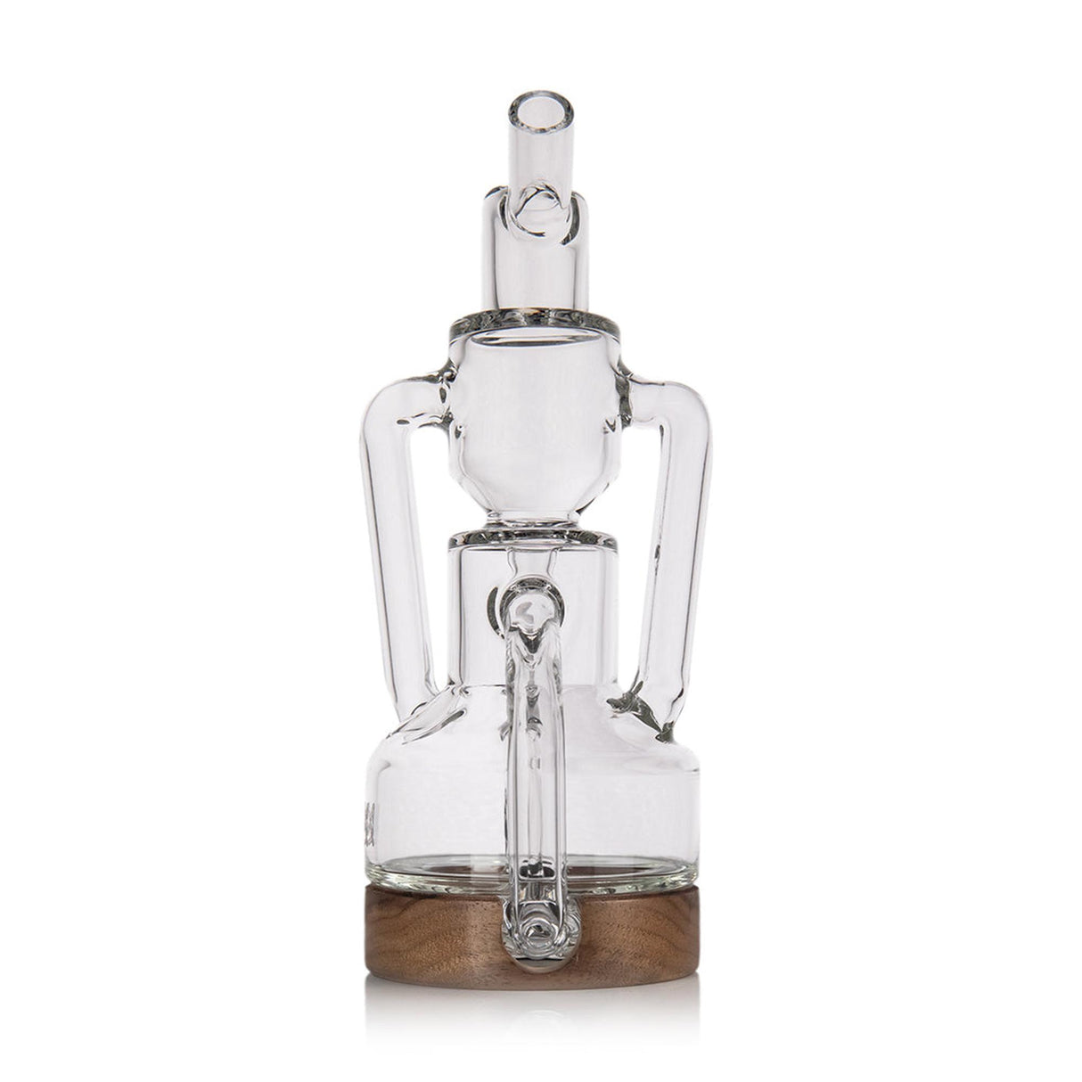 Apex Dab Rig - Alpine Collection: Compact glass rig with a double uptake recycler, clear chambers, and wooden base, designed for smooth, flavorful hits.