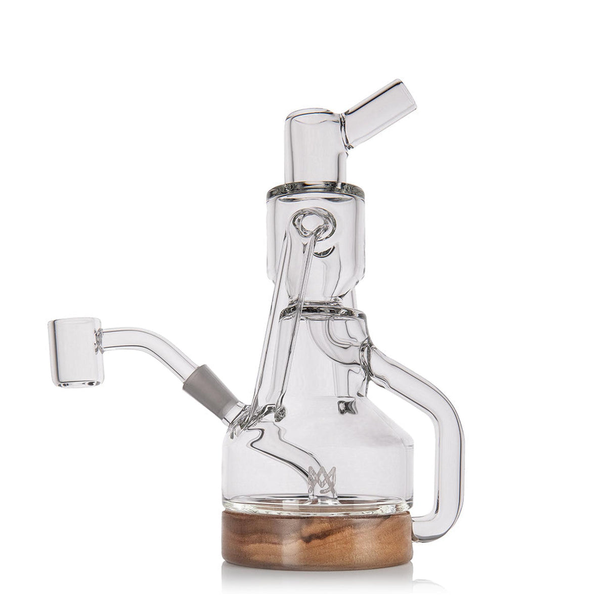 Apex Dab Rig - Alpine Collection: Compact glass water-pipe with wood base, beaker-style chamber, angled mouthpiece, recycler loop, and side joint with glass banger.
