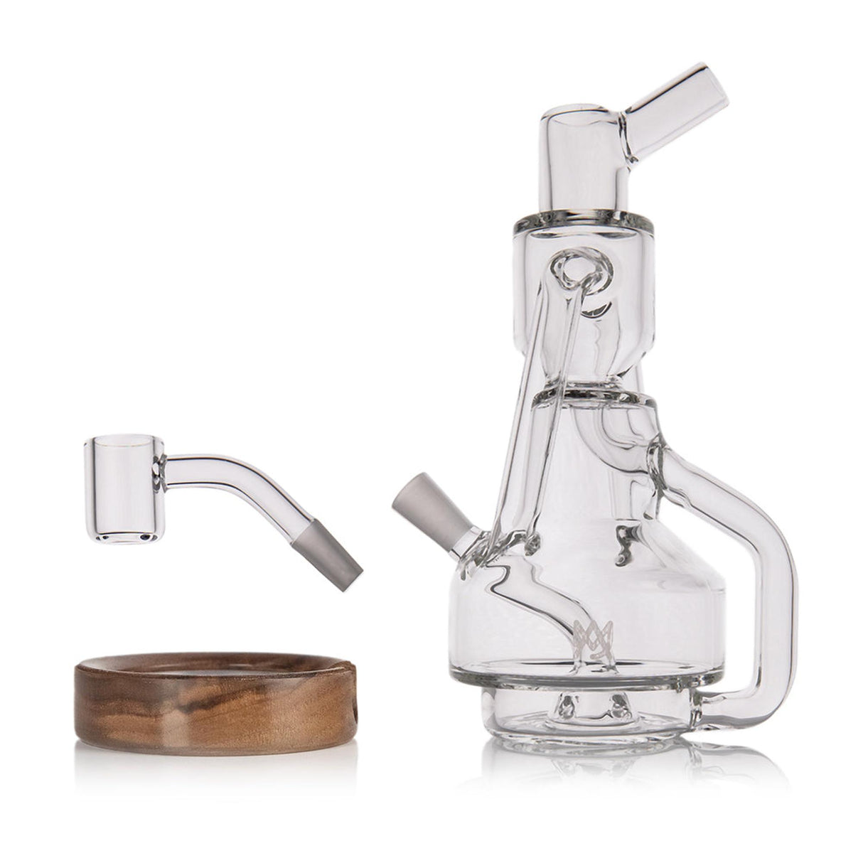 Apex Dab Rig - Alpine Collection: Compact glass rig with quartz banger and wooden tray, featuring double uptake recycler for smooth, flavorful vaporizing.