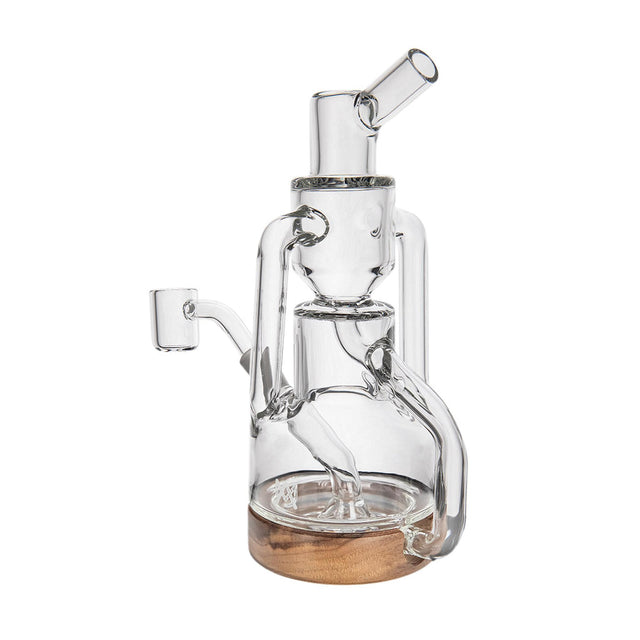 Apex Dab Rig - Alpine Collection: Compact glass rig with clear percolation chamber, wooden base, and double uptake recycler for smooth, flavorful hits.