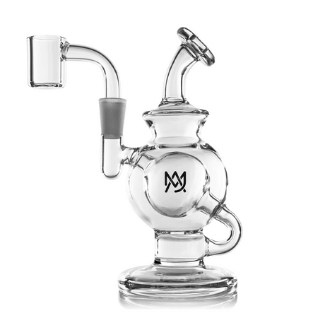 Atlas Mini Dab Rig - Clear, a 5-inch compact glass device with quartz banger, features a unique double ball design and honeycomb percolator for smooth, flavorful vaporization.