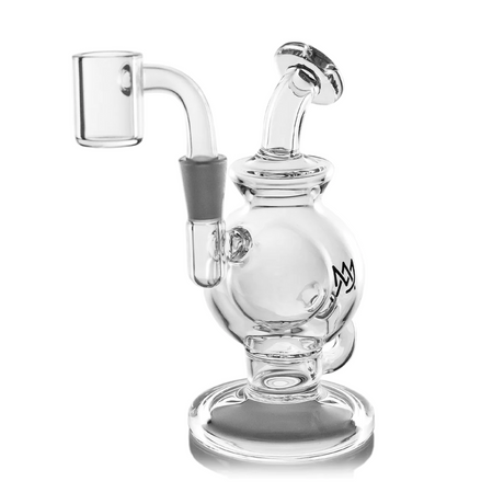 Clear glass Atlas Mini Dab Rig featuring a round chamber, angled mouthpiece, and quartz banger, showcasing double ball design with honeycomb percolator.