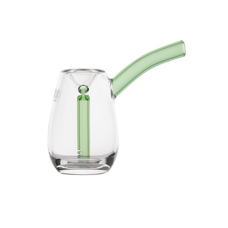 Bulb Bubbler: Compact glass water pipe with clear body, green-tinted mouthpiece, and down-stem, designed for smooth, water-filtered smoking experience.
