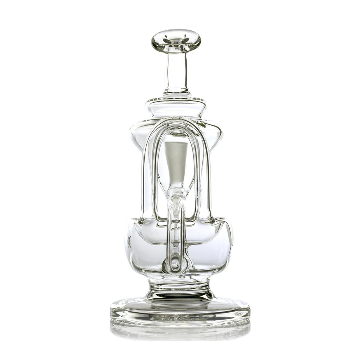 Claude Mini Dab Rig - Clear: A compact glass recycler water pipe featuring looping tubes, central chamber, and flared mouthpiece, crafted for smooth, efficient vapor filtration.