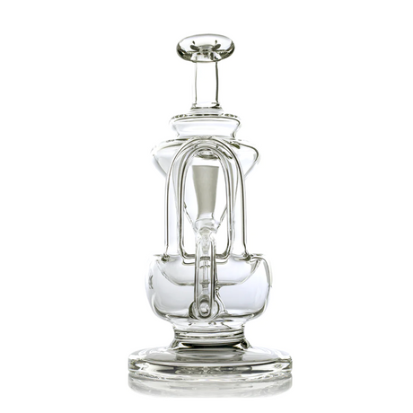 Claude Mini Dab Rig - Clear: A compact glass recycler water pipe featuring looping tubes, central chamber, and flared mouthpiece, crafted for smooth, efficient vapor filtration.