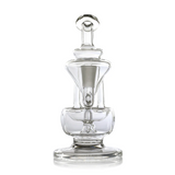 Claude Mini Dab Rig - Clear glass design with internal recycler, twin turbines, and splash guard for smooth vapor cooling; compact borosilicate structure with asymmetrical aesthetics.