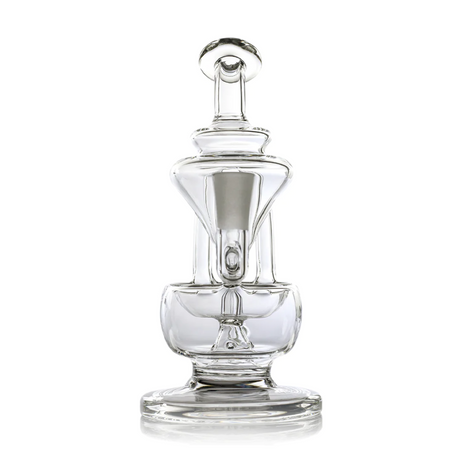 Claude Mini Dab Rig - Clear glass design with internal recycler, twin turbines, and splash guard for smooth vapor cooling; compact borosilicate structure with asymmetrical aesthetics.
