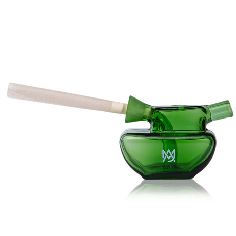 Commander Blunt Bubbler: Green glass one-hitter bubbler with pre-rolled joint inserted, featuring a triple slit percolator and frosted port for smooth, durable use.