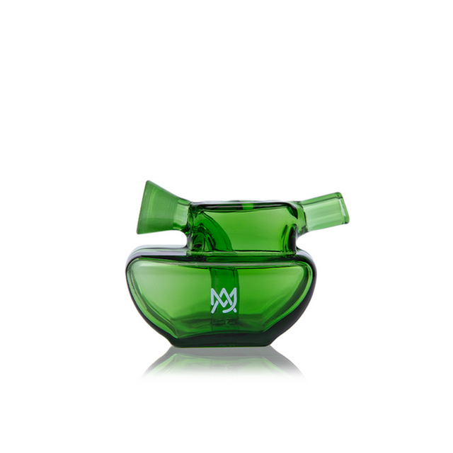 Commander Blunt Bubbler with green glass, rounded chamber, mouthpiece, and downstem. Features triple slit percolator for smooth hits and durable borosilicate construction.