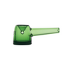 Green glass Deco Hand Pipe with cylindrical bowl, side carb, and straight mouthpiece, showcasing Art Deco elegance in a compact, functional design.