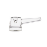 Deco Hand Pipe in clear glass, showcasing an Art Deco-inspired geometric design with a solid base and precision detailing, made from durable borosilicate glass.