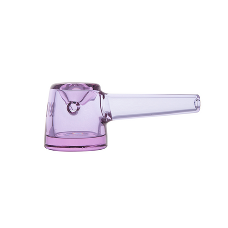 Deco Hand Pipe in pink-tinted glass, featuring a single-hole design with a small cup for concentrates, crafted from borosilicate glass for elegance and durability.