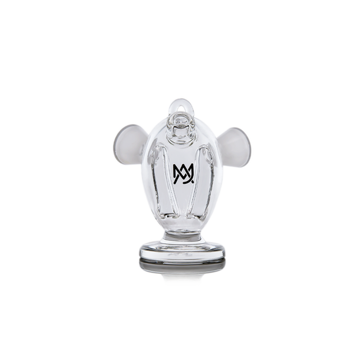 Dubbler Original Double Blunt Bubbler: Clear-glass rig with dual frosted tips, round chamber, side arms, up-stem, and MJ logo for enhanced smoking experience.