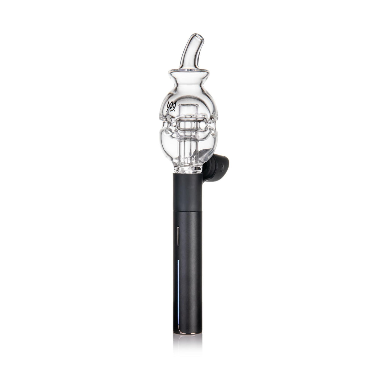 Fab Egg Pivot Top - Clear: A clear glass bubbler with a ceramic atomizer atop a black battery base, designed for smooth vaporization of concentrates.