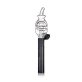 Fab Egg Pivot Top - Clear: A clear glass bubbler with a ceramic atomizer atop a black battery base, designed for smooth vaporization of concentrates.