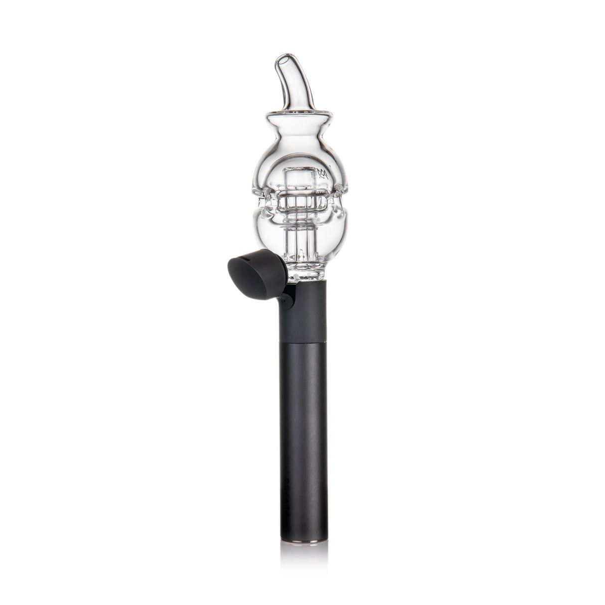 Fab Egg Pivot Top - Clear: A small, battery-powered vaporizer with a transparent glass water-bubbler atop a matte-black base, enhancing percolation and airflow for smoother vapor.