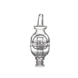 Fab Egg Pivot Top - Clear: A hollow, drop-shaped glass carb cap with a handle and flange, enhancing airflow and diffusion for smooth, flavorful vapor in a Pivot E-Rig.
