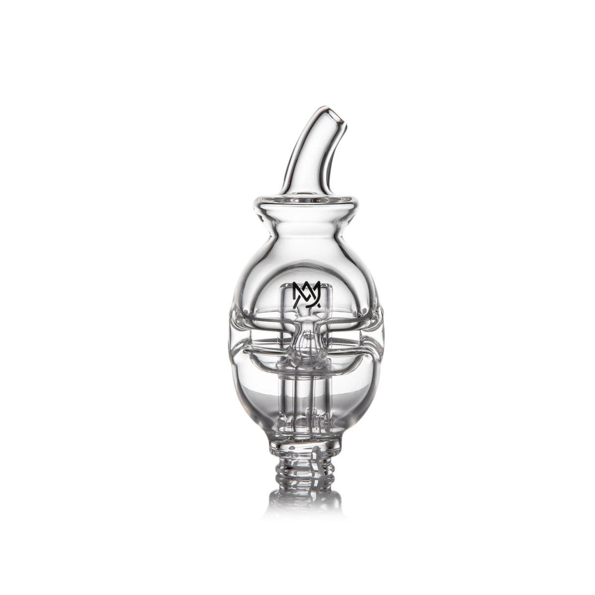 Fab Egg Pivot Top - Clear: A precision-blown glass carb cap with double-chambered body, threaded joint, angled spout, and etched logo for enhanced dabbing experience.