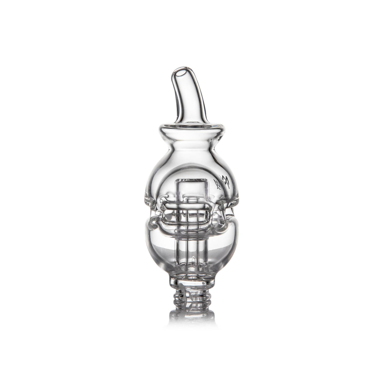 Fab Egg Pivot Top - Clear: Transparent glass dab-rig carb cap with built-in percolation chambers, featuring a slotted bulbous chamber and ground-glass joint for optimal airflow in Pivot E-Rigs.
