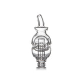 Fab Egg Pivot Top - Clear: Transparent glass dab-rig carb cap with built-in percolation chambers, featuring a slotted bulbous chamber and ground-glass joint for optimal airflow in Pivot E-Rigs.