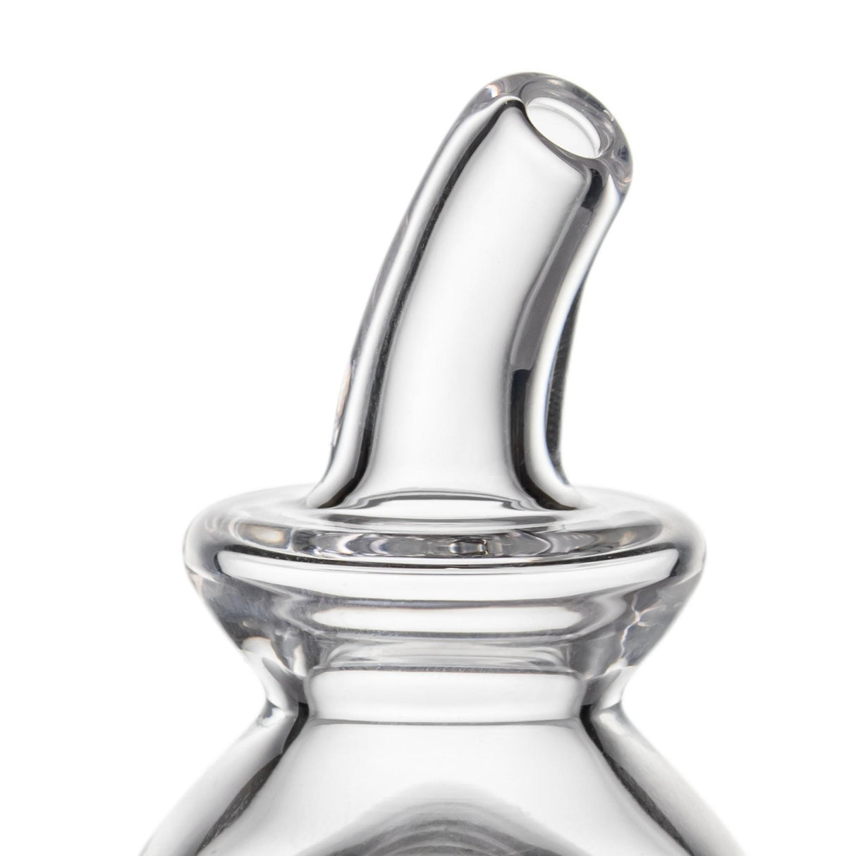 Fab Egg Pivot Top - Clear: Close-up of a smooth, bent glass tube with an air-passage hole and a rounded base, designed for superior percolation in Pivot E-Rig.