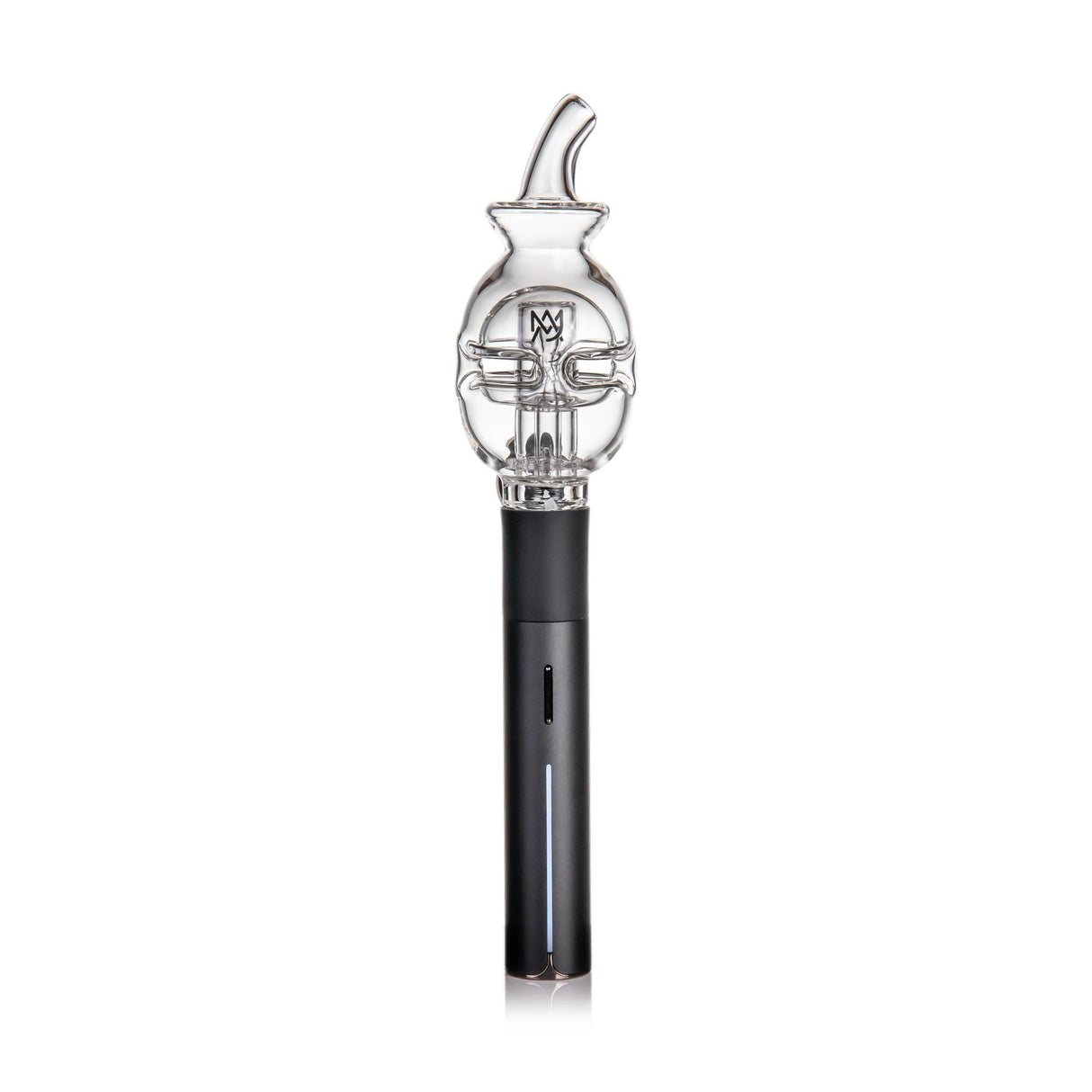 Fab Egg Pivot Top - Clear: A sleek black e-rig base with a clear Fab Egg glass attachment, featuring intricate percolator arms and a curved mouthpiece for smooth vapor.