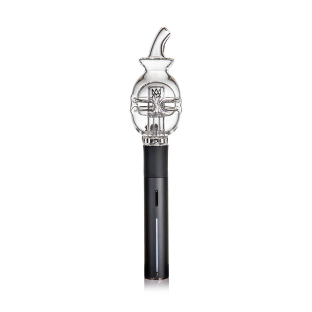 Fab Egg Pivot Top - Clear: A sleek black e-rig base with a clear Fab Egg glass attachment, featuring intricate percolator arms and a curved mouthpiece for smooth vapor.