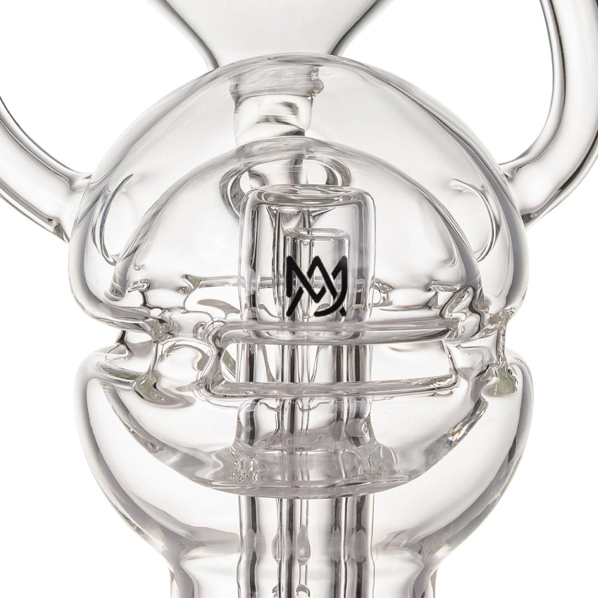 Fabcycler Focus V Carta Top - Clear: Close-up of glass water-pipe with intricate recycler chamber, showcasing diffusion features and maker’s logo for enhanced vapor experience.