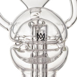 Fabcycler Focus V Carta Top - Clear: Close-up of glass water-pipe with intricate recycler chamber, showcasing diffusion features and maker’s logo for enhanced vapor experience.