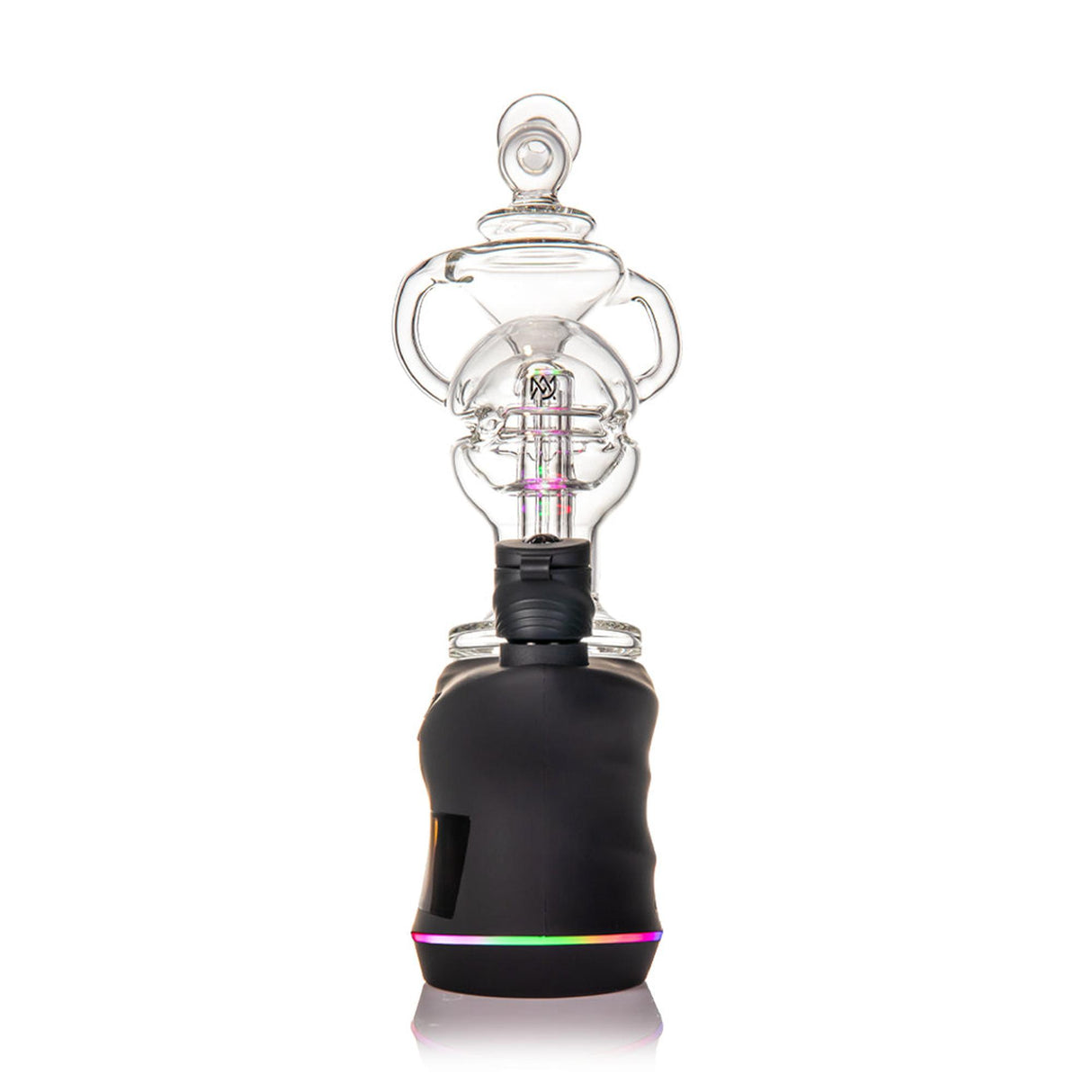 Fabcycler Focus V Carta Top - Clear: A sleek matte-black vaporizer with LED base and clear glass attachment featuring fab egg recycler for smooth, flavorful vapor.