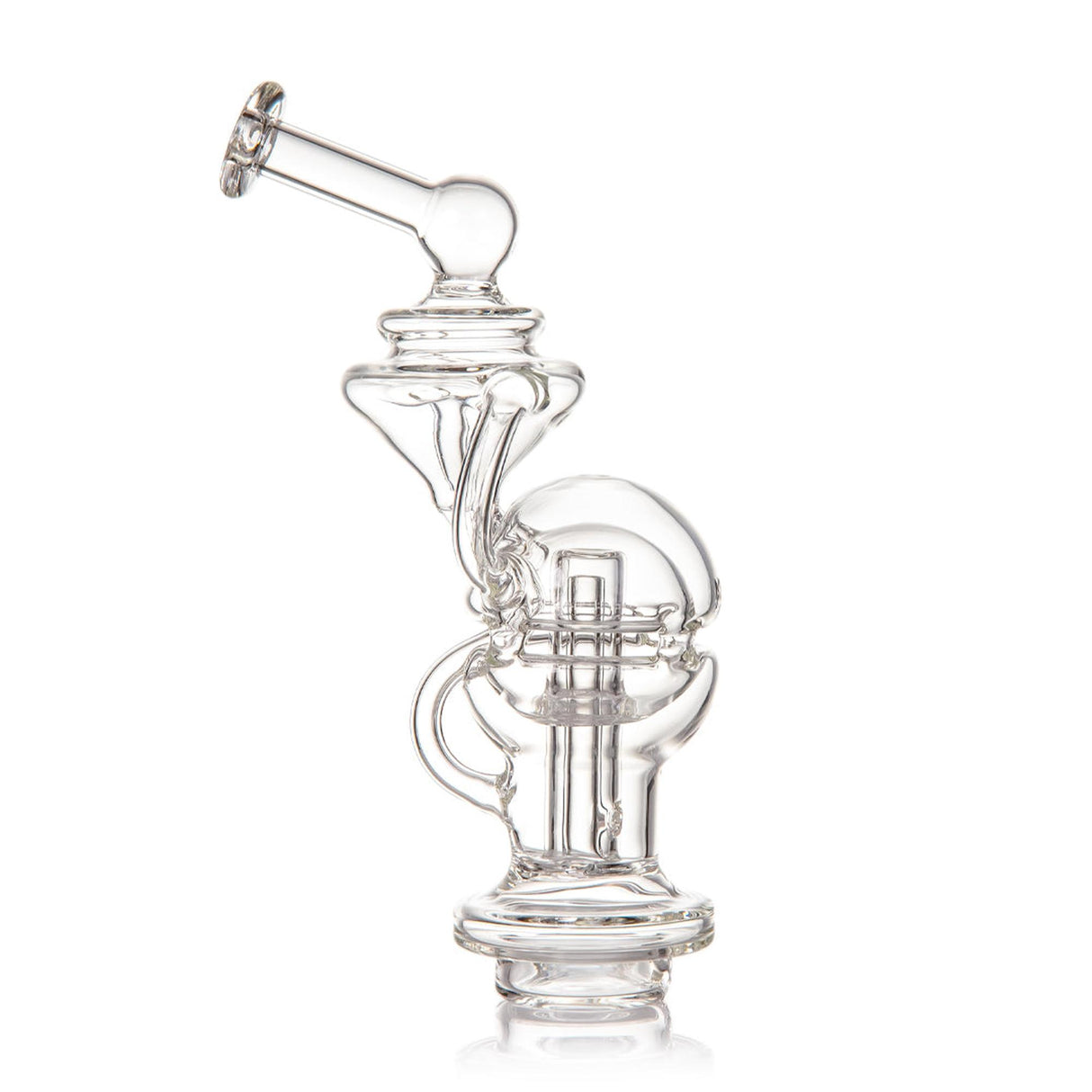 Fabcycler Focus V Carta Top - Clear: Glass water-filtration pipe with base chamber, internal percolator, spherical mid-section, and angled mouthpiece for smooth vapor diffusion.