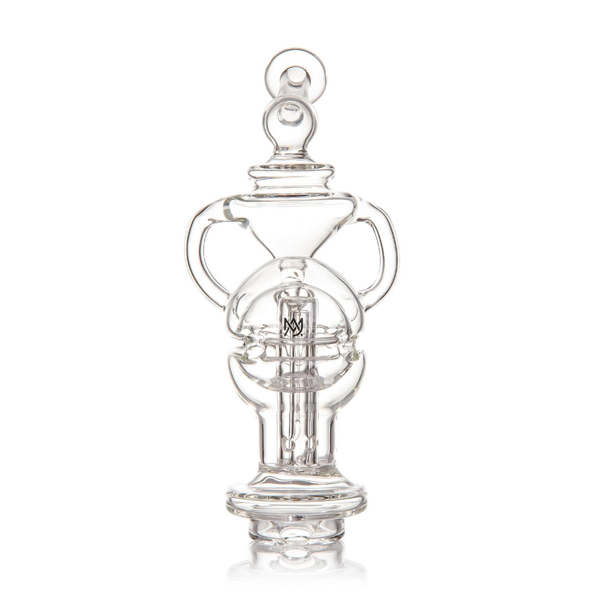 Fabcycler Focus V Carta Top - Clear: Multi-chambered glass rig with recycler design, loop handles, and funnel section for enhanced filtration and smooth vapor experience.