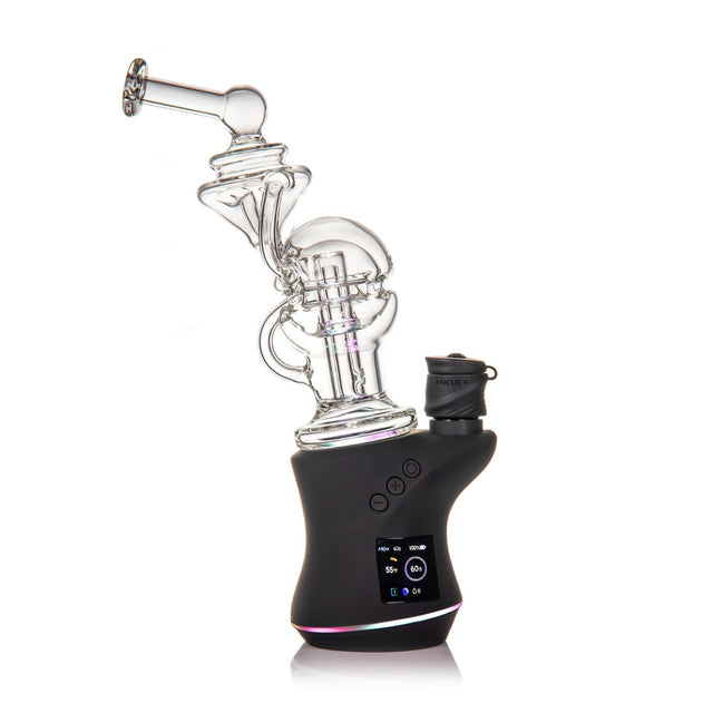 Fabcycler Focus V Carta Top - Clear: Features a glass recycler on a matte-black e-rig base, enhancing diffusion and airflow for smoother vapor sessions.