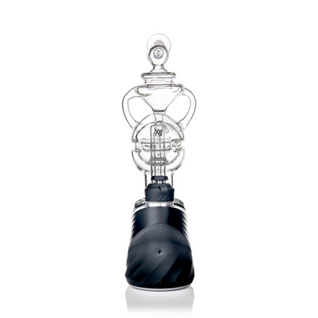 Fabcycler Peak Attachment: Electronic dab rig with black base, ceramic chamber, and handcrafted glass water-bubbler; designed for smooth, cool vapor with fab egg recycler functionality.