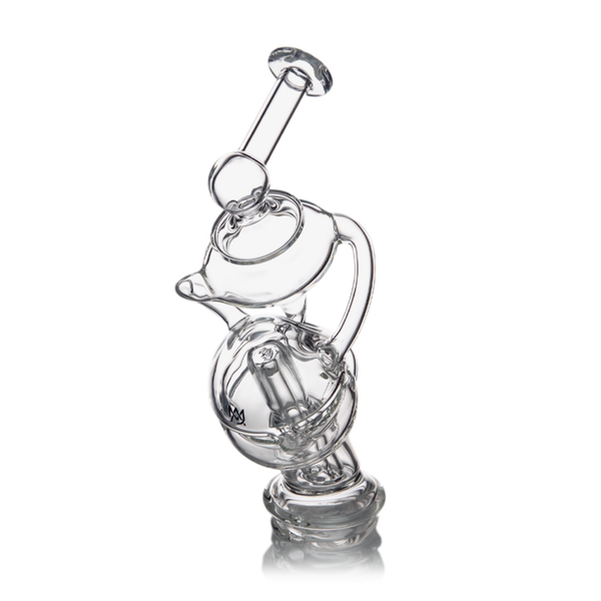 Fabcycler Peak Attachment: Hand-blown glass recycler style with round base, internal percolator, looping tubes, and angled mouthpiece, enhancing Puffco Peak's vapor quality and design.